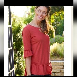 Matilda Jane Red Ruffle Rule the Day 100% Cotton shirt Medium 3/4 sleeves